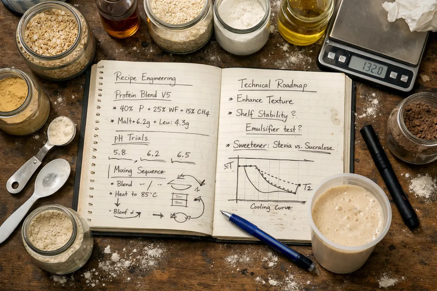Lab notebook with formulation notes and ingredients at Futuristic Food Labs
