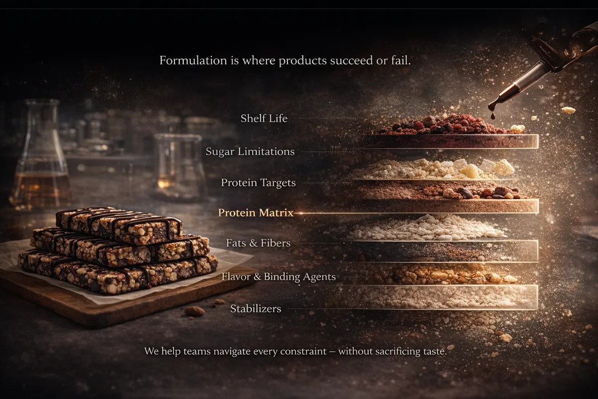 Food product development service matrix showing capabilities from strategy through commercialization